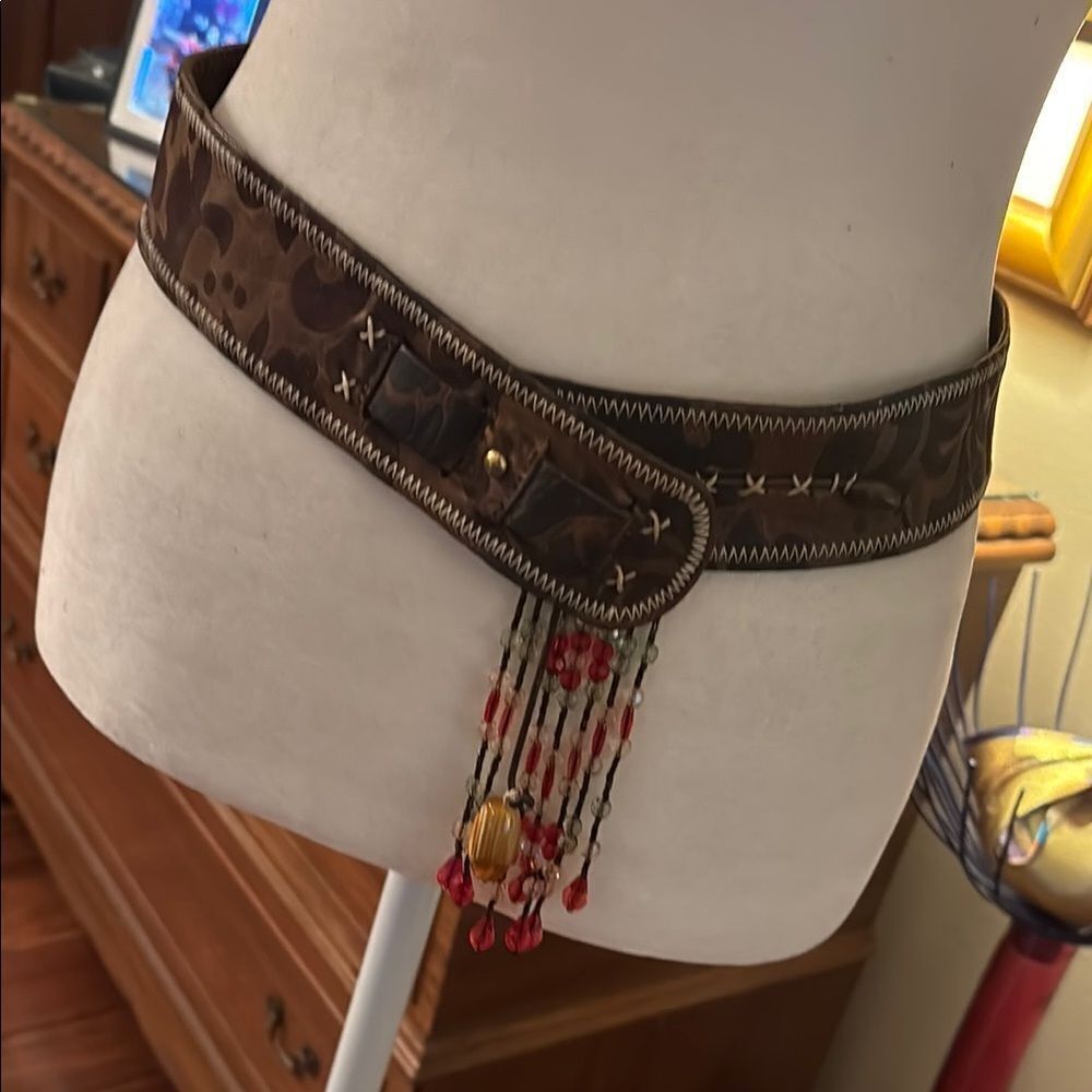 Streets Ahead Brown Leather Belt with Beaded Fringe - S